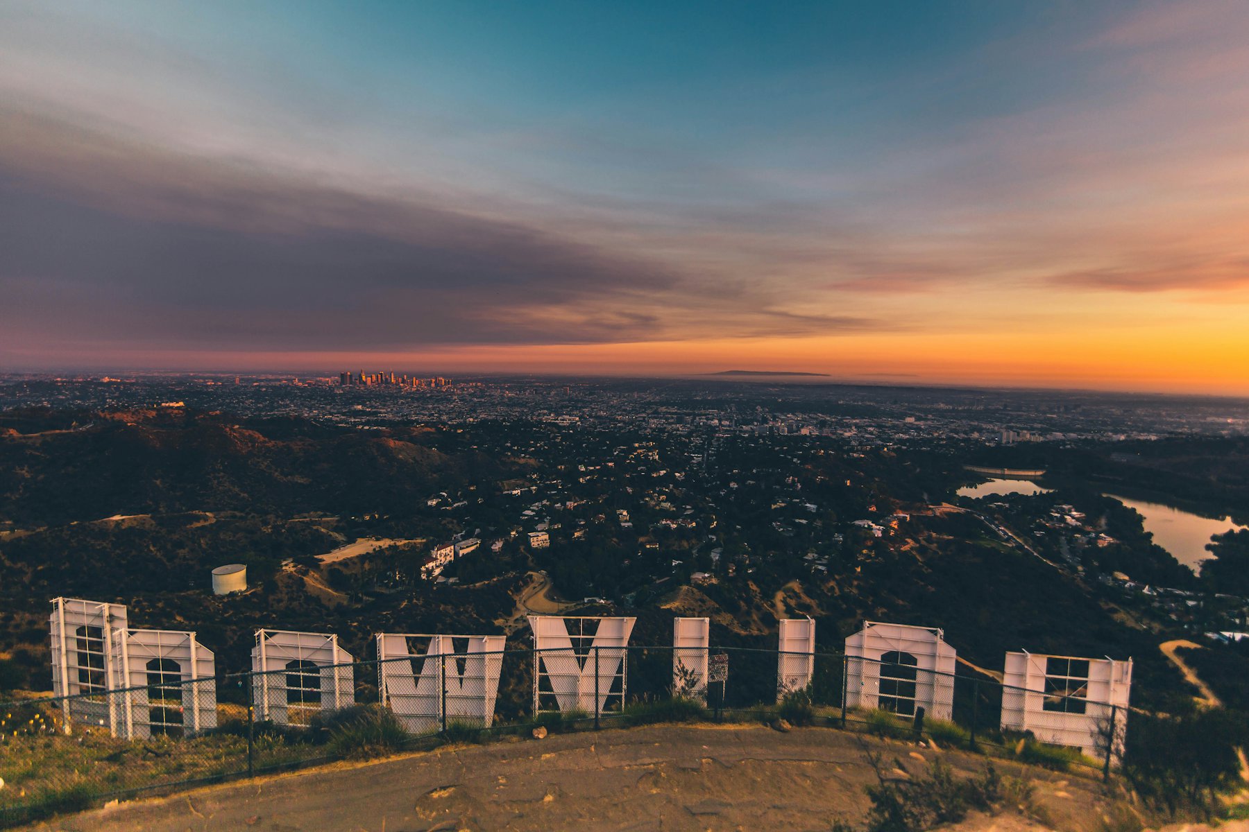Los Angeles at sunset seen from behind the Hollywood sign