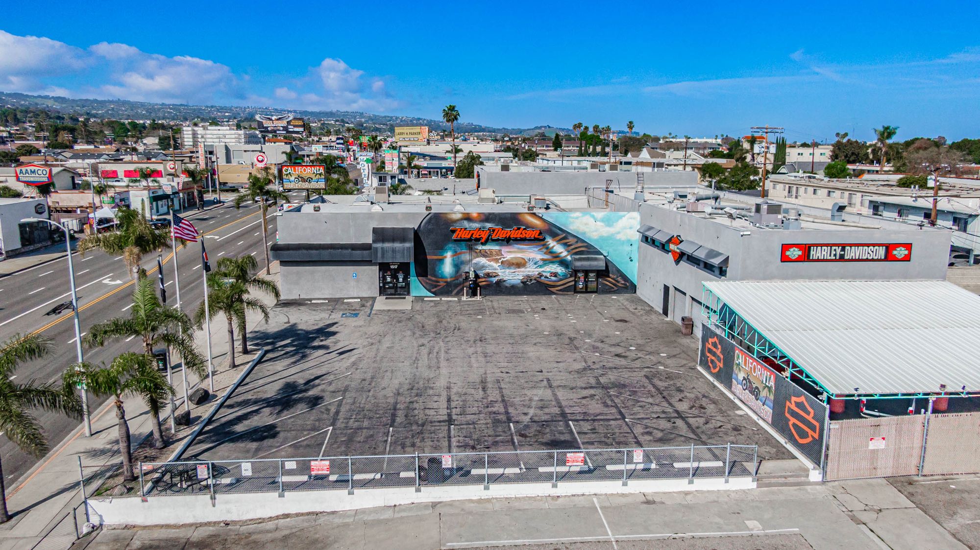 Aerial of 1517 Pacific Coast Highway, Harbor City — commercial building and parking lot